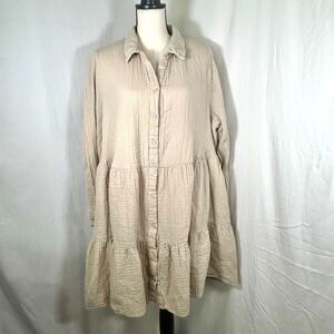 Torrid Belle Isle Beige Crinkle Cotton Gauze Tiered Button Shirt Dress Size 1X